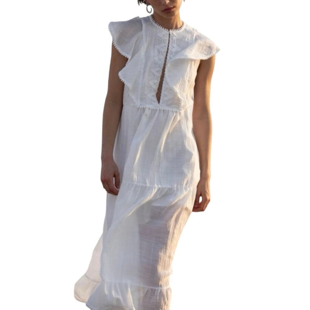 Sabina Musayev Olympia Midi Dress Size Large Ivory Tiered Ruffle Crochet Frilly